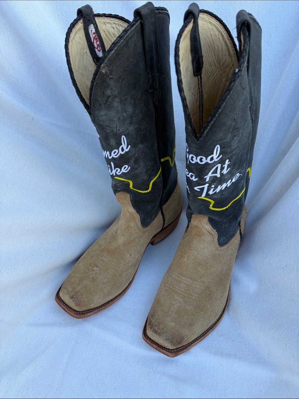 Rios of Mercedes Black Shaft and Tan Suede Toe Western Boots with Yellow Accent